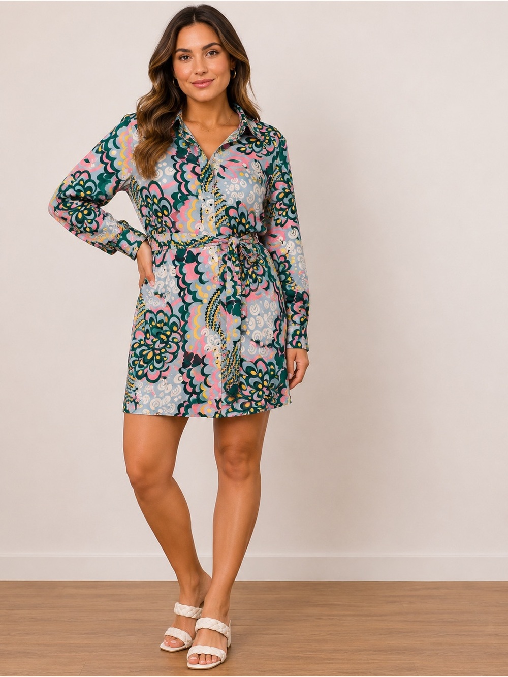 Spoon Jeans women's long-sleeve shirt dress featuring a retro paisley print